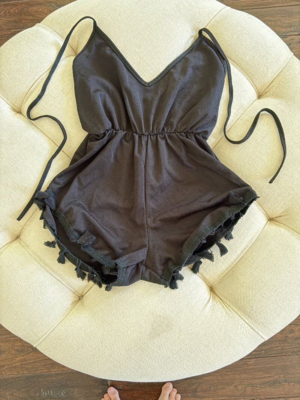 PrettyLittleThing Black Tie Shoulder Tassel Trim Romper US 2